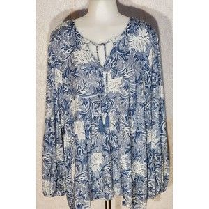 𝅺Wonderly Floral Peasant Top, tie neck, long sleeves, Blues Sz 2XL